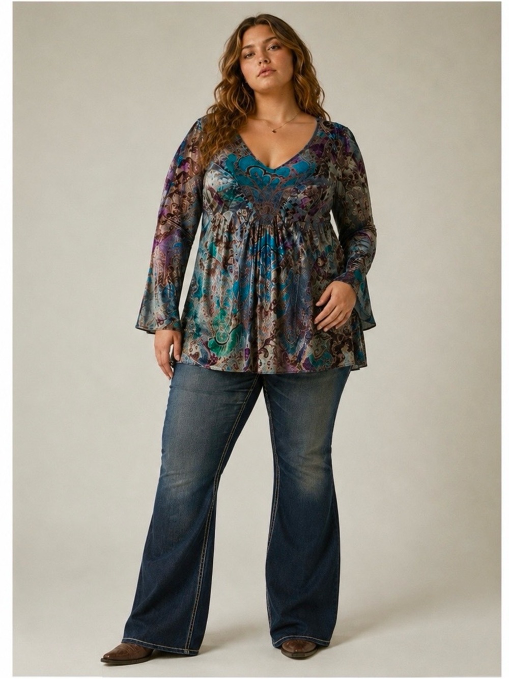 ONE WORLD Velour V-neck Top 2X Flare Sleeve Mixed Print Fairy Grunge Whimsigoth - Picture 12 of 12